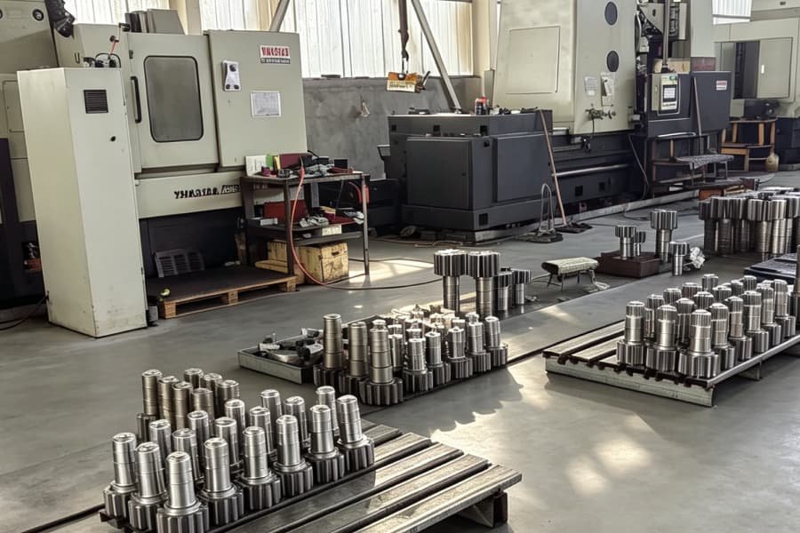 CNC machining workshop with finished custom castings and forgings metal parts.