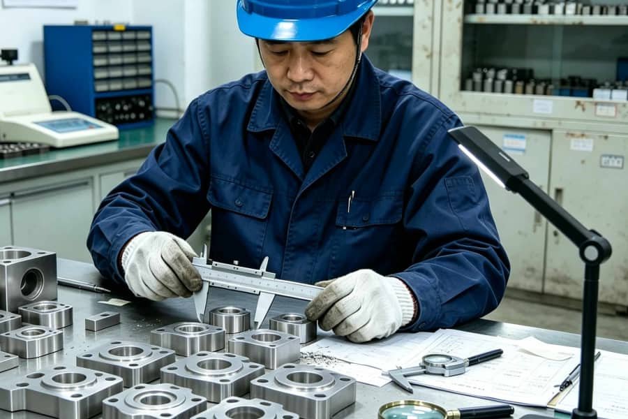 Quality inspector measuring CNC machined metal parts with vernier caliper for casting and forging components.